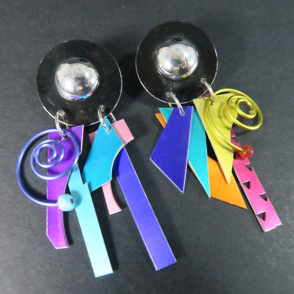 Vintage Postmodern Memphis-Style Anodized Aluminum Dangle Earrings 80s 90s